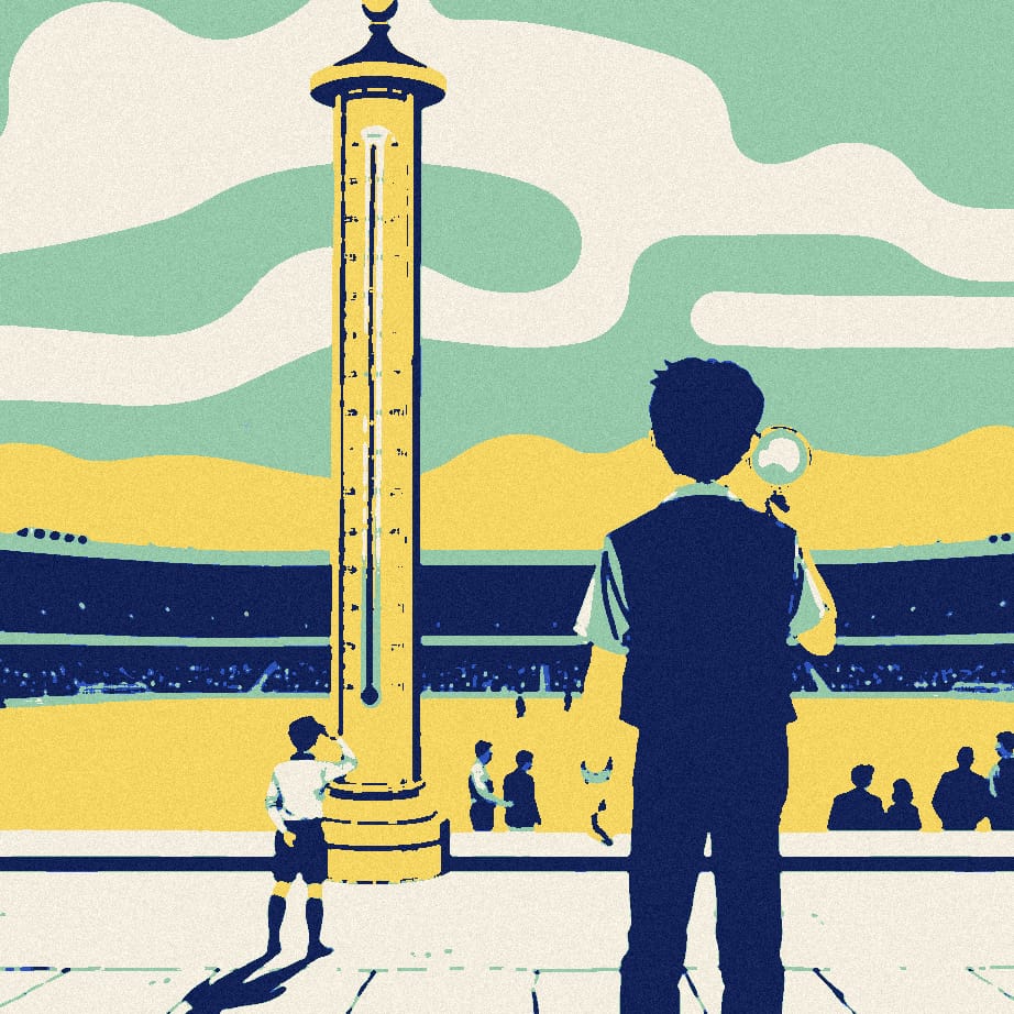A tiny supporter inspects an oversized barometer outside a floodlit stadium while two distant silhouetted players embrace.