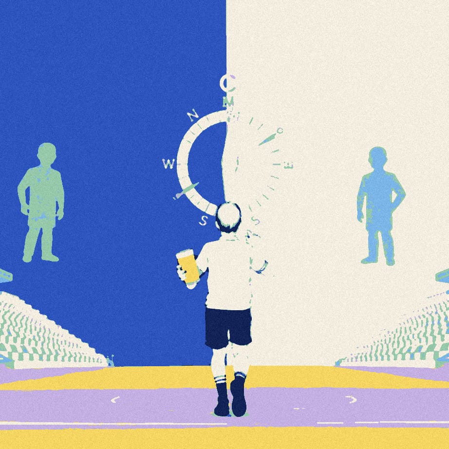 A small supporter in a white shirt walks laps round a giant running track beneath a spinning compass needle, between two large blank player silhouettes.