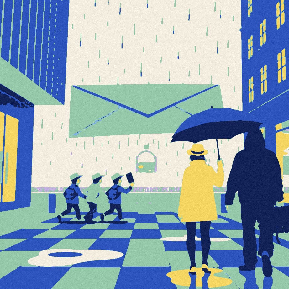 A giant soggy envelope is handed along four tiny messengers to a lone commuter with an umbrella standing in drizzle near a stadium.