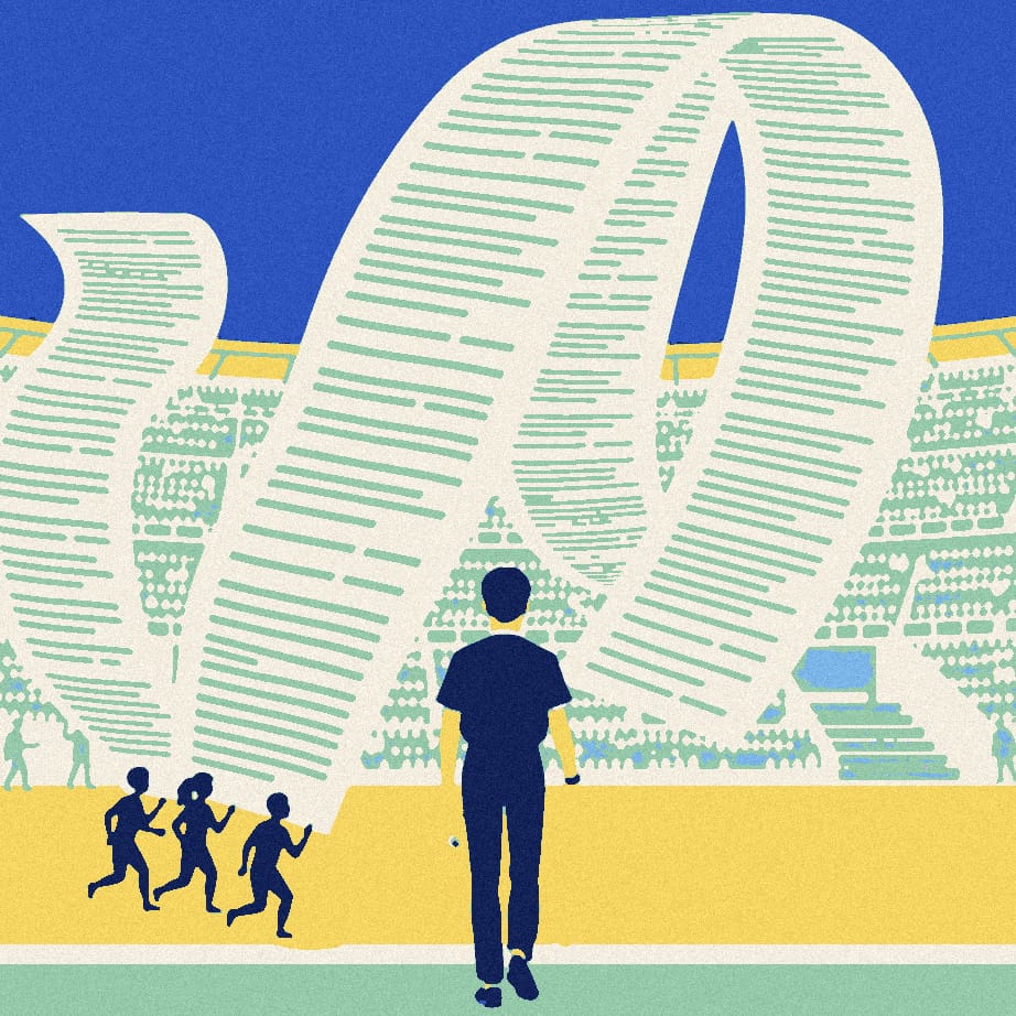 A small referee seen from behind stands beside a giant coiled paper chain on a pitch while seven tiny figures drag identical short strips toward a finish line.