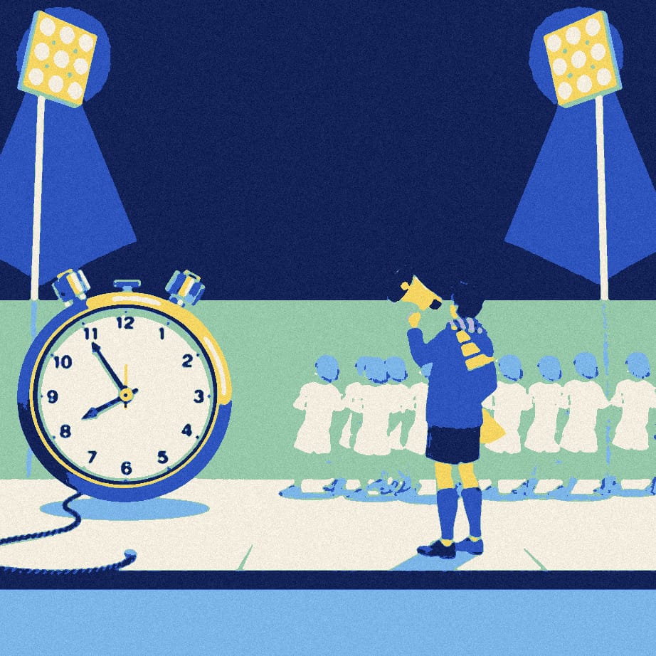 A tiny supporter with a megaphone outside a stadium at dusk, auditioning a long queue of anonymous silhouetted hopefuls beside an oversized handbell.
