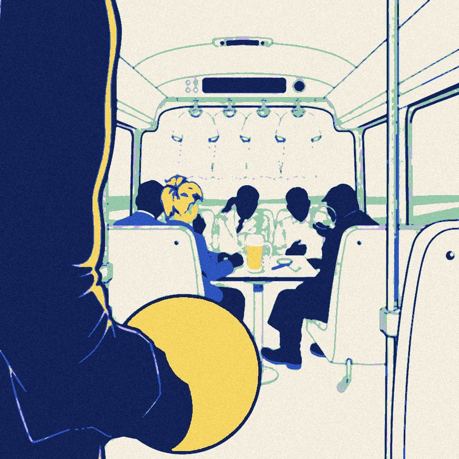 Anonymous passengers in the back row of a bus hold a mock inquiry beside an oversized bell button, with plain white and navy shirts hanging from the rail.