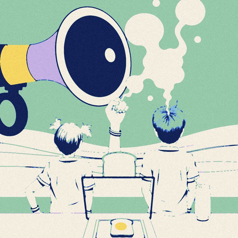 Two faceless footballers seen from behind at a breakfast table, with a giant megaphone shouting at a tiny figure while four identical puffs of steam repeat along the table.