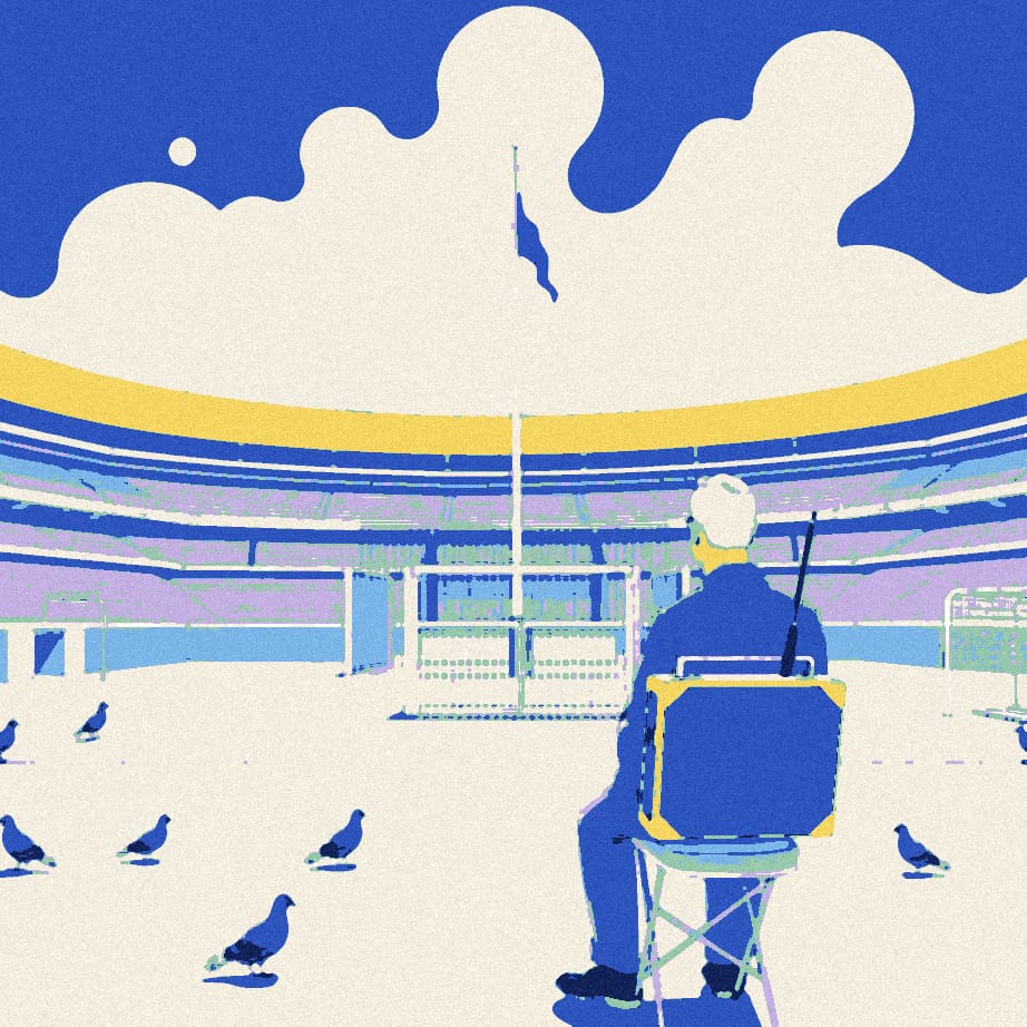 A man on a folding stool outside a locked stadium gate holding an enormous old radio on his knees