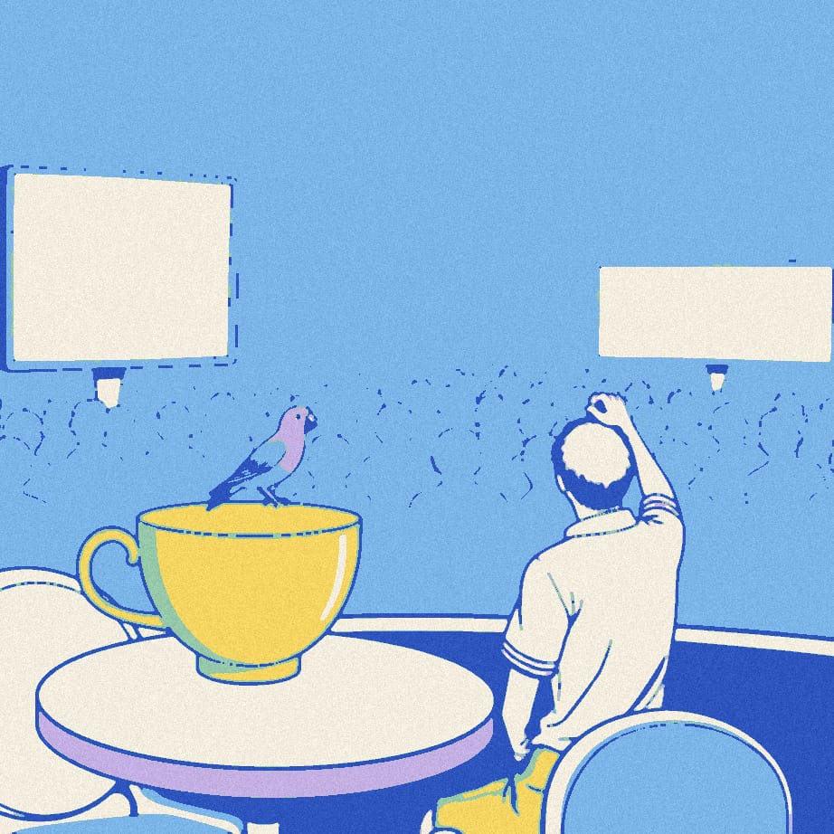 A flat illustration of a faceless footballer in a plain green kit celebrating beside an oversized teacup with a parrot perched on its rim.