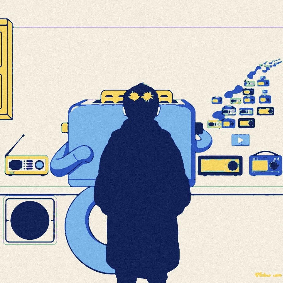 A giant toaster on a kitchen counter with a line of ever-smaller radios receding behind it, and a small figure in a black coat seen from behind.