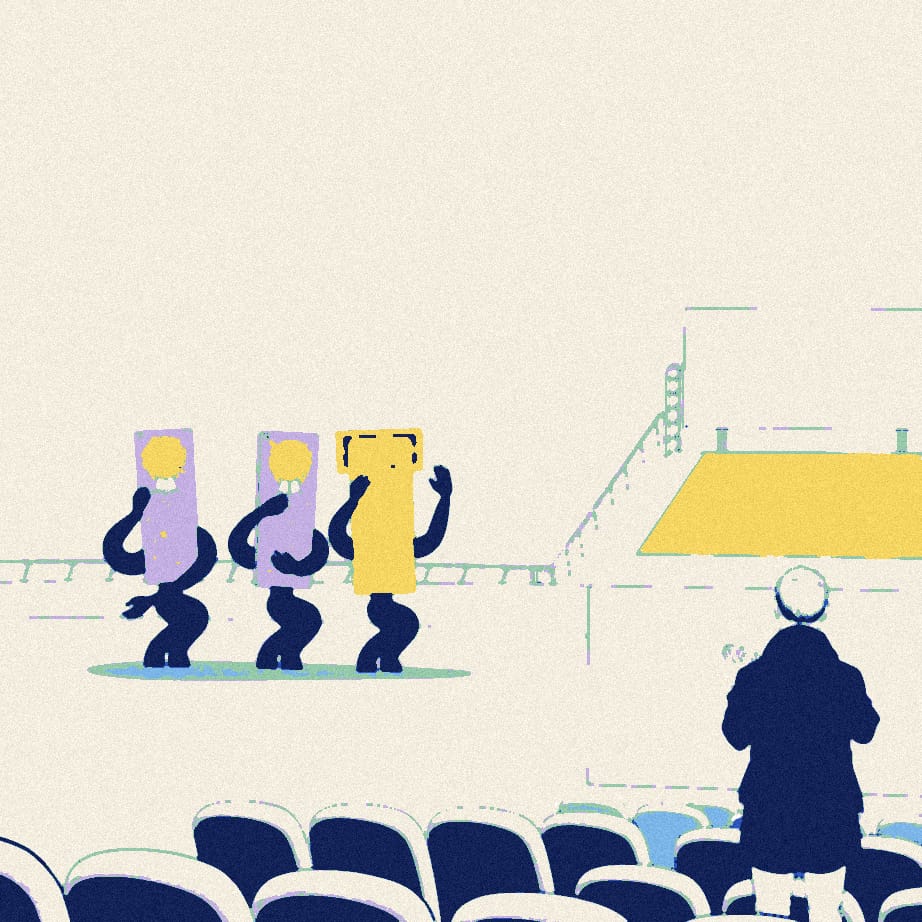 Five identical parcels with ever-larger rosettes pass one small ticket along a touchline while a distant figure in a dark jacket stands in the stands.