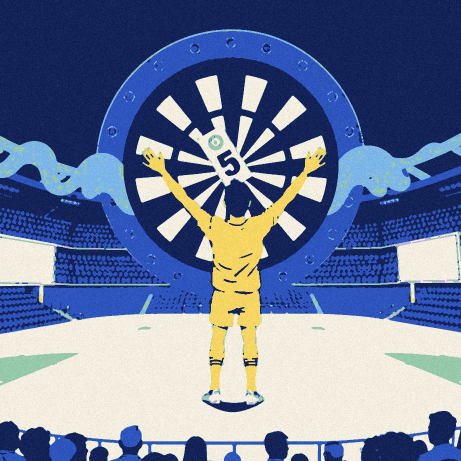A small footballer seen from behind celebrates in front of a giant dartboard with a banknote stuck in its bullseye.