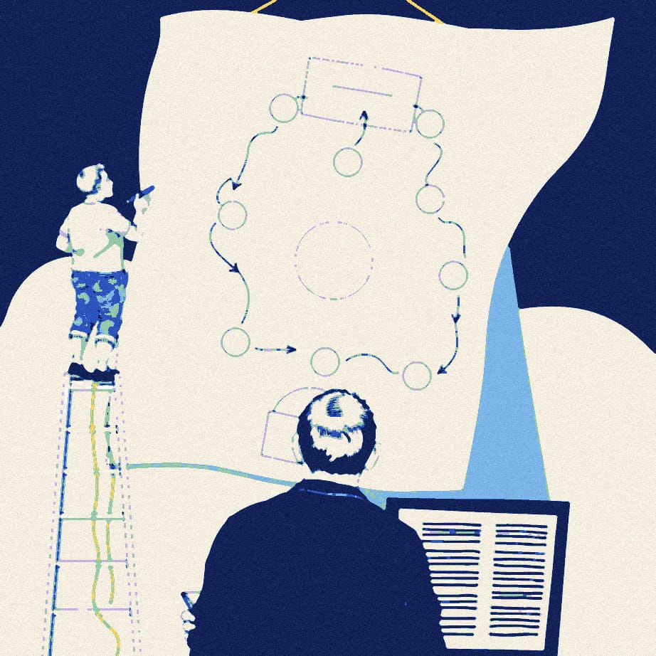 An illustration of a supporter on a stepladder drawing a football formation on the back of an enormous rota sheet while a colleague in a navy top watches from below.