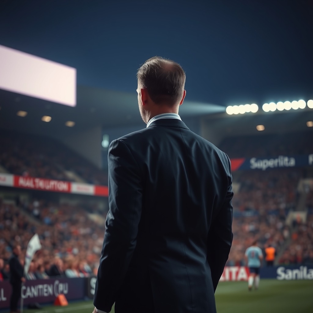 A man in a navy suit seen from behind stands on the edge of a floodlit stadium pitch in the evening, with a blurred crowd beyond him.