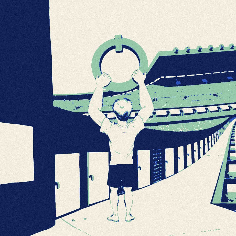 A tiny faceless supporter in white and navy holds a giant ring of keys, trying them on a long row of identical stadium gates at dusk.