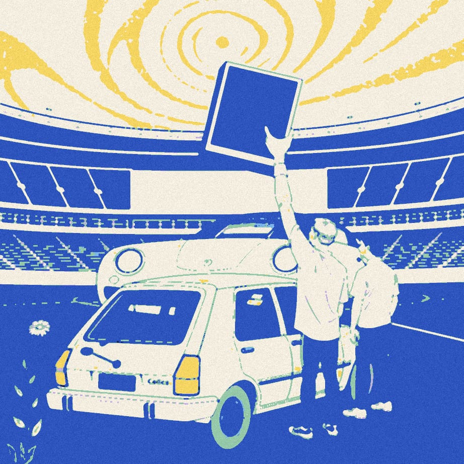 A small anonymous fan in a white shirt stands beside a tired old hatchback in front of a stadium, with a huge sports car looming behind it.