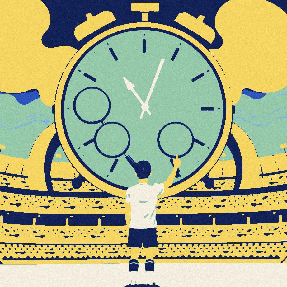A small anonymous footballer seen from behind stands beneath a giant clock with a fifteen-minute wedge, while four magnifying glasses hover over it.