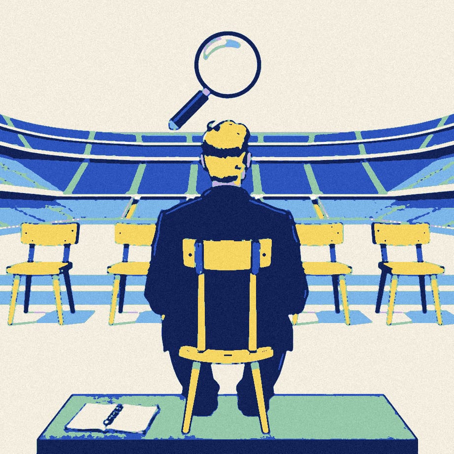A season ticket holder seen from behind sits across from a row of five empty wooden stools, inspecting one with a magnifying glass in an empty stadium.