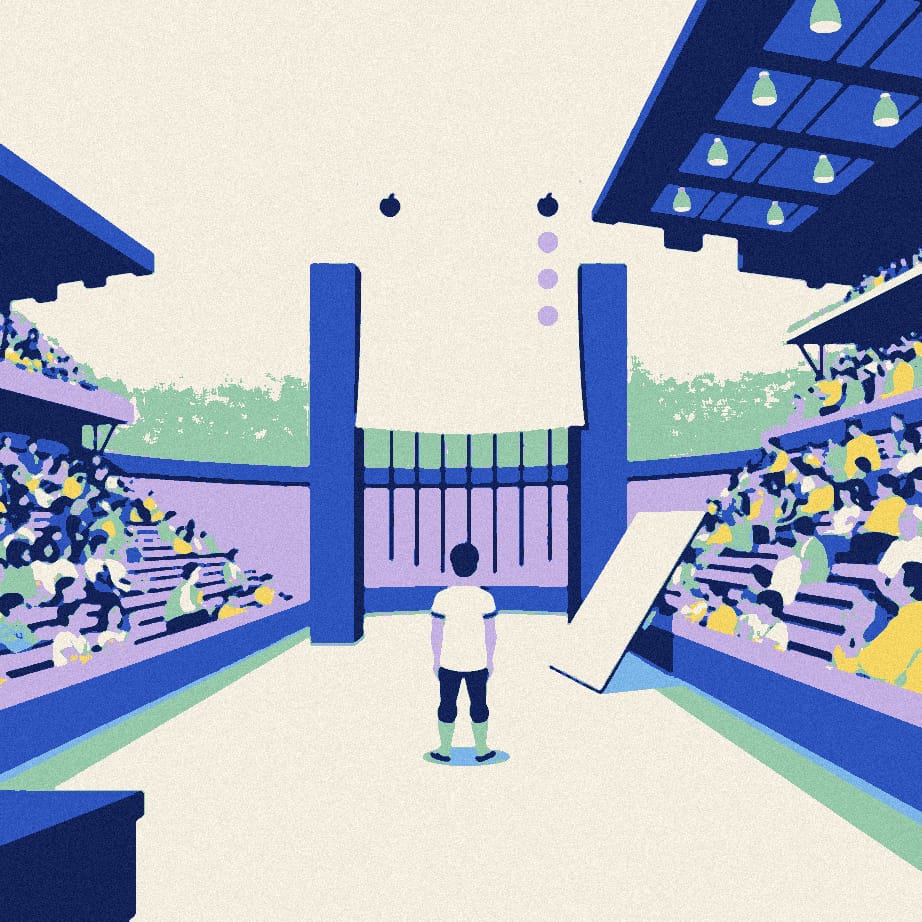A tiny supporter in a white shirt stands alone before a gigantic turnstile and an oversized blank calendar page in an empty stadium concourse.