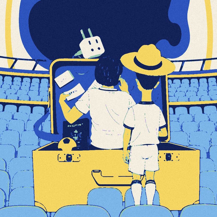 A tiny fan in a white shirt stands in an empty stadium stand beside an enormous packed suitcase and oversized travel plug.