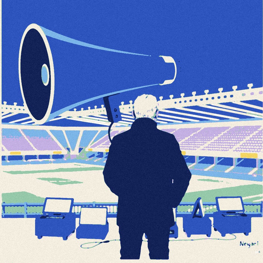 A tiny manager seen from behind on a night touchline is dwarfed by a giant megaphone, with four identical desks all sharing one strip of paper.