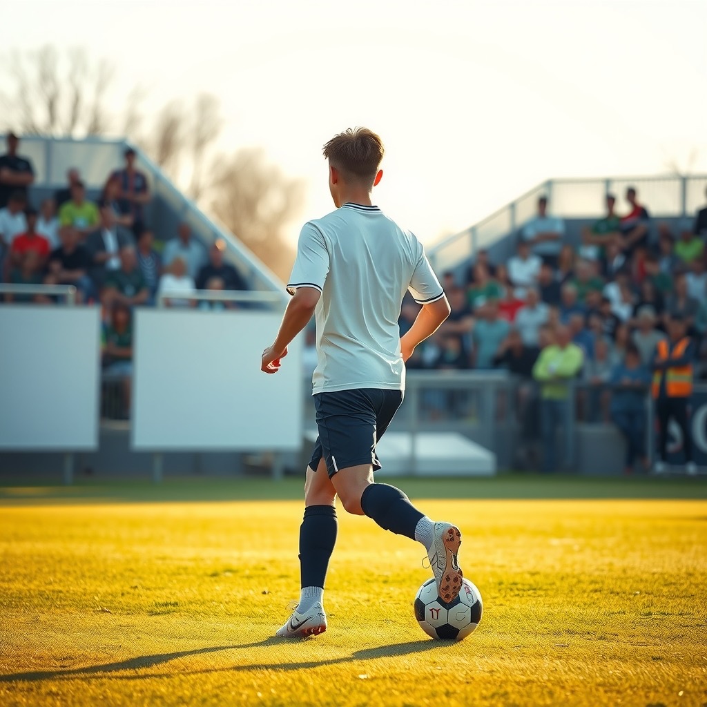 A midfielder in a plain white shirt and navy shorts, seen from behind, dribbles a ball along a sunlit pitch in front of blank advertising boards and a blurred crowd.
