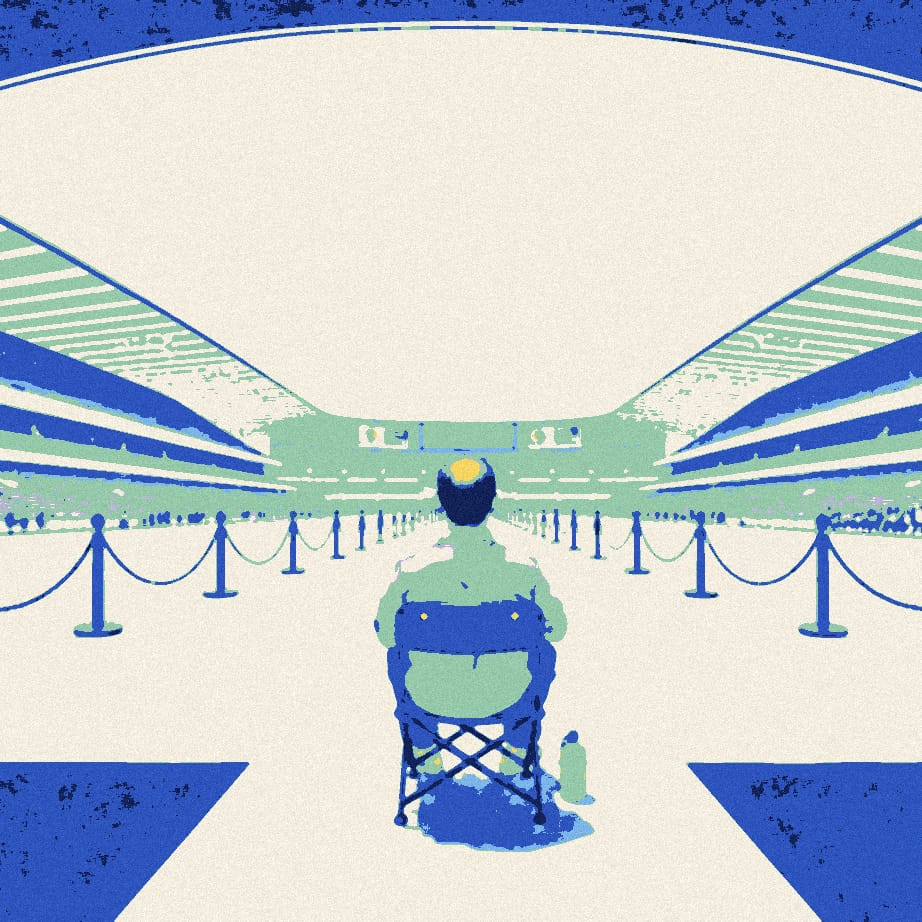 A lone man on a folding stool at the head of a long, empty rope queue outside a closed stadium