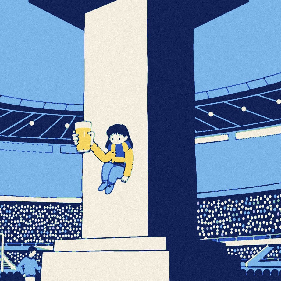 A huge stadium pillar with a tiny supporter holding a pint hiding behind it while a bowed figure in a dark sweater stands nearby in an empty evening stadium.