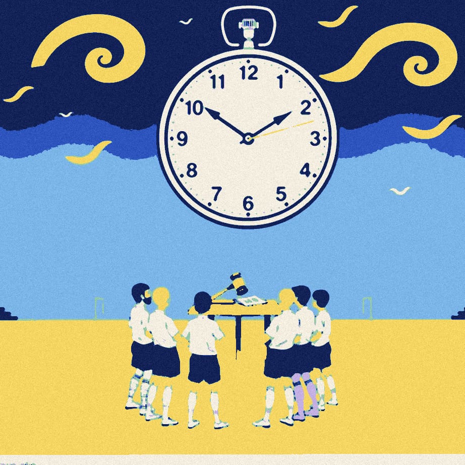 Faceless players in white and grey kits huddle around a tiny meeting table with a gavel on a pitch beneath a giant clock showing midday.