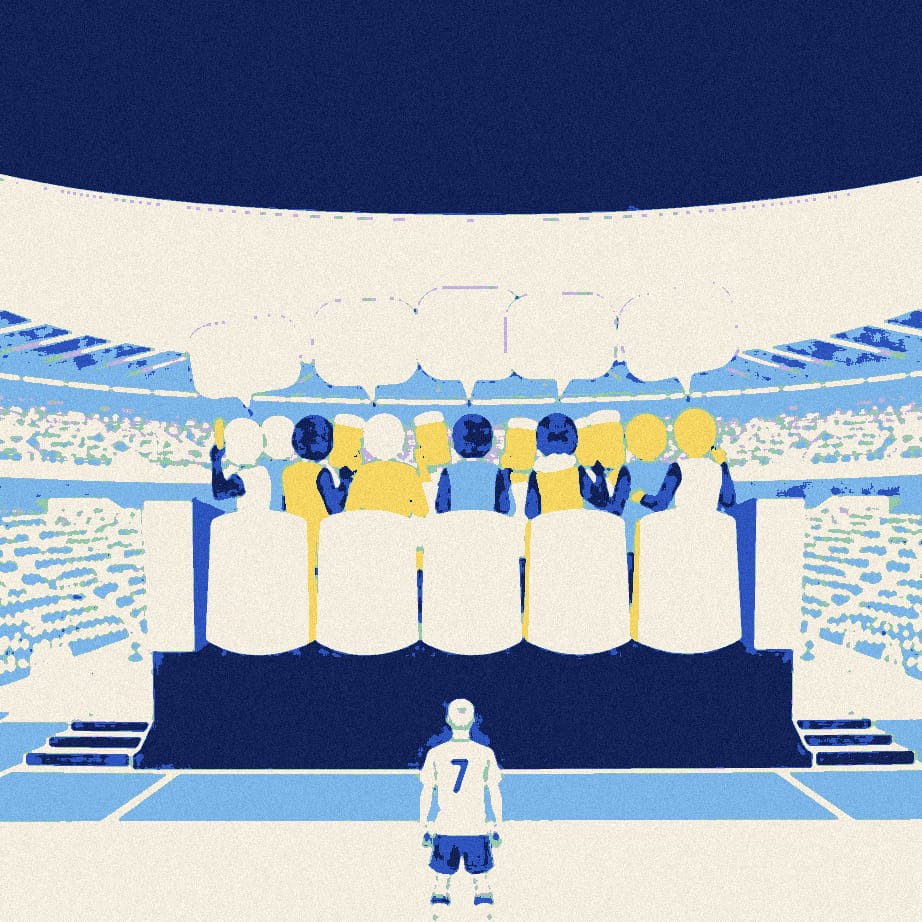 A comically oversized stadium seat crowded with tiny supporters and a giant pint glass, while a small striker in a white shirt stands on the pitch below.