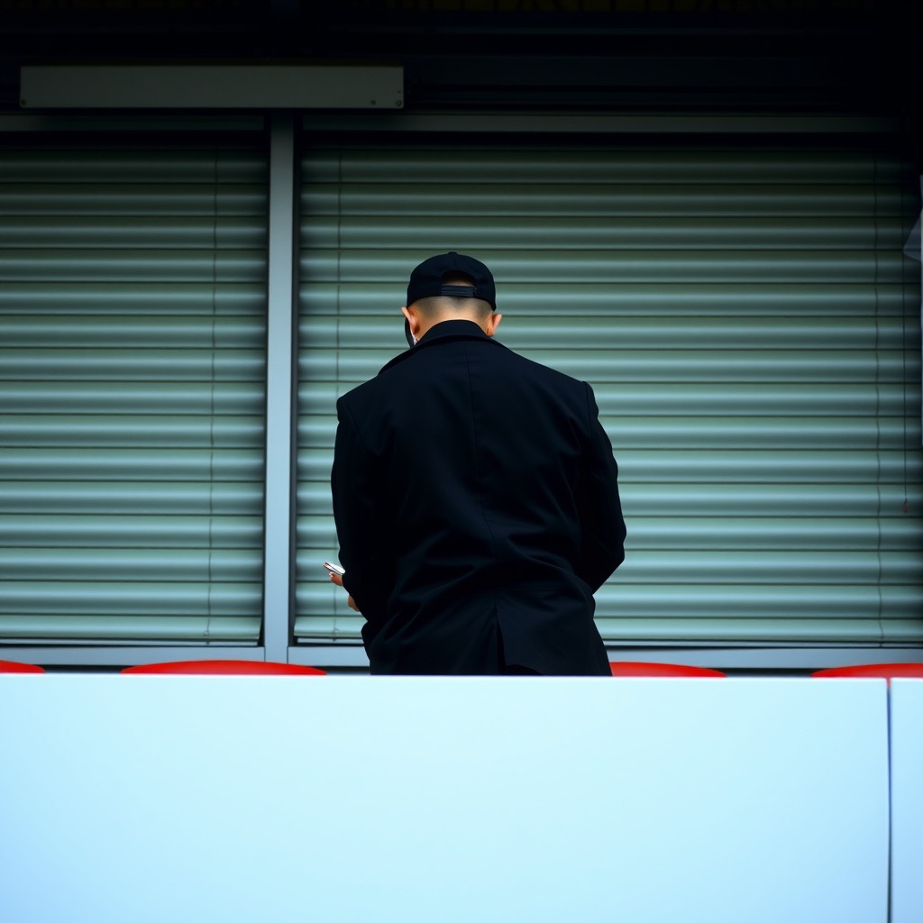 A man in a black cap and dark coat, seen from behind, leans on a pale blue ledge in front of closed window blinds and holds a glowing phone.