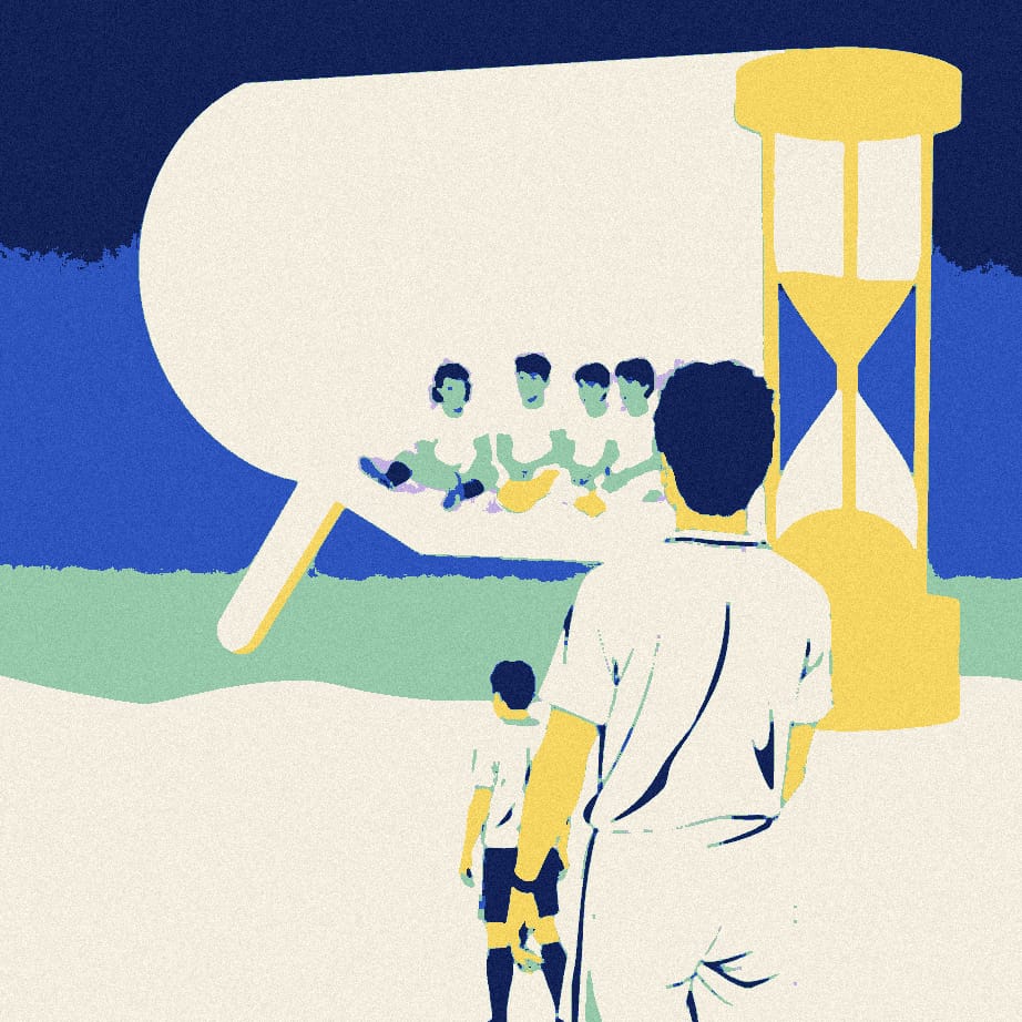 A footballer seen from behind beside a giant hourglass and a big bubble containing five small figures huddled in indecision.