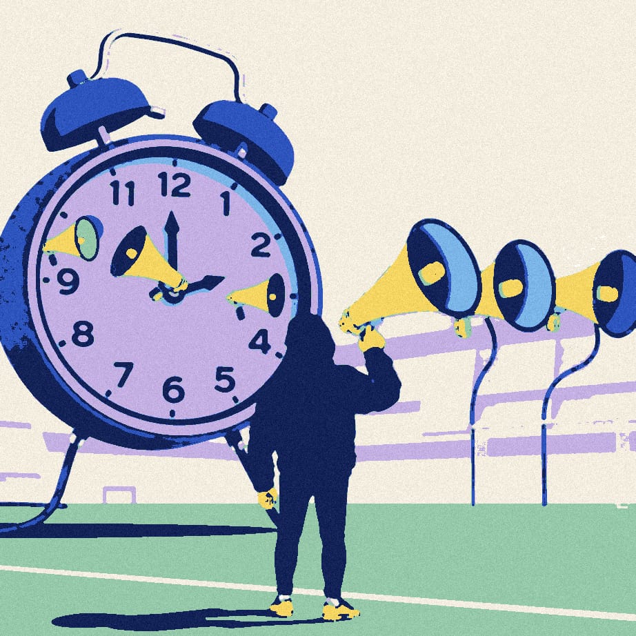 A tiny figure in a black padded jacket stands with their back to us beneath a huge clock showing half past nine, while five growing megaphones point at them.