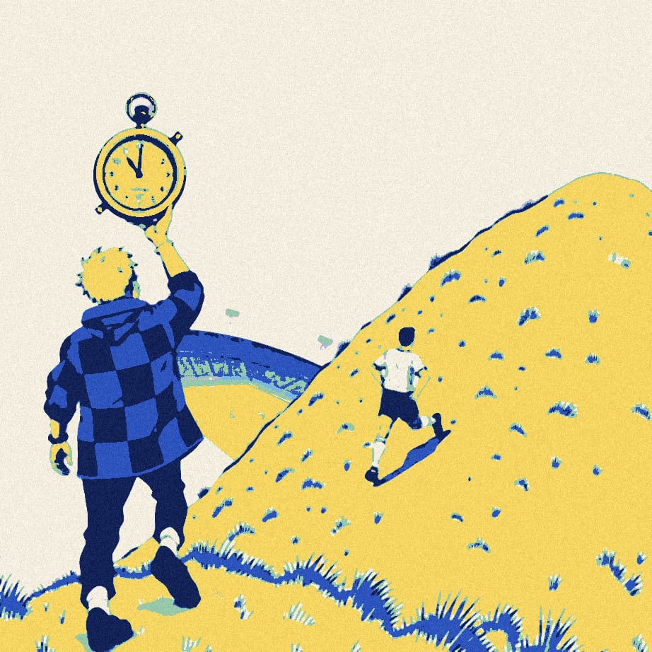 A small fan climbs a steep hill away from a stadium, holding up an oversized altimeter, while a faceless player in white jogs alongside.