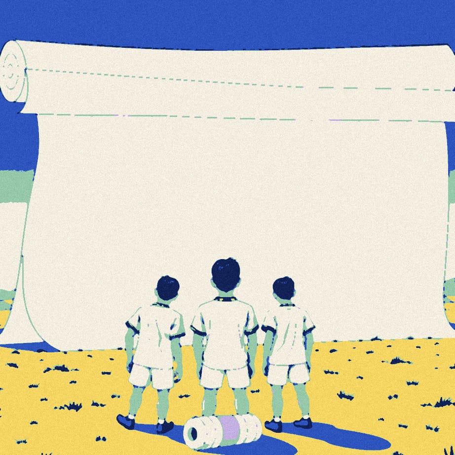 Three faceless players in white shirts, seen from behind, gaze anxiously at a huge looping blank scroll beside a giant bandaged calf.