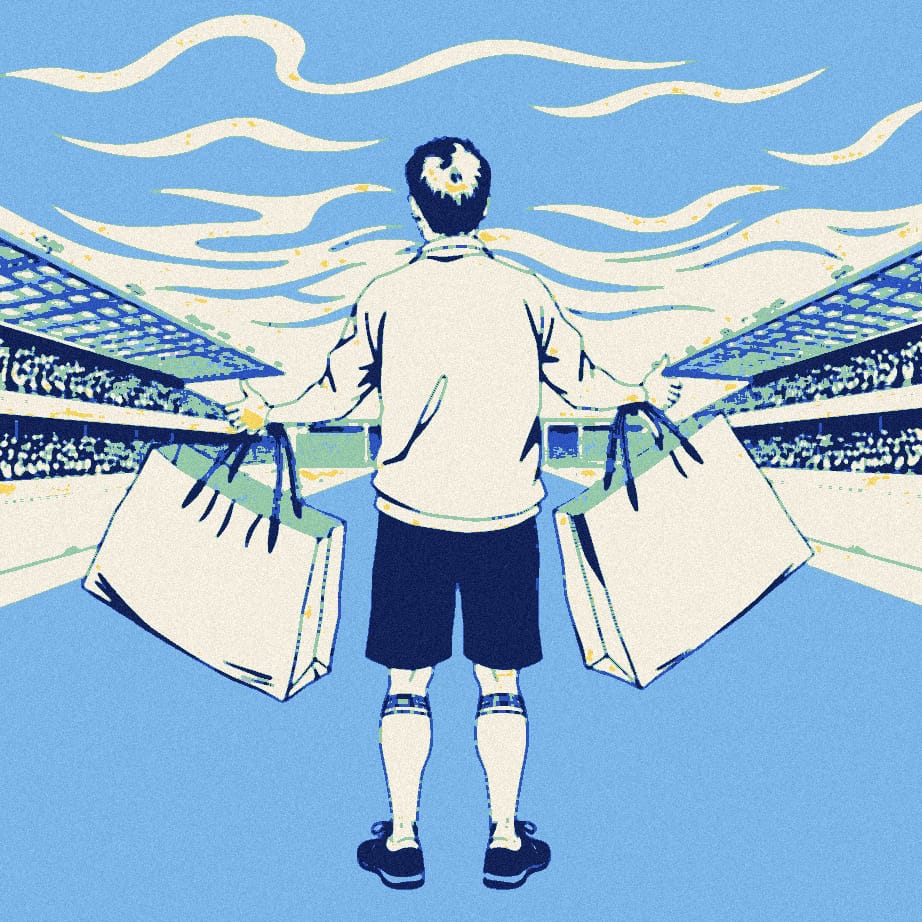 A small supporter seen from behind holds out two giant carrier bags outside a stadium while a distant footballer in white stands near the gates.