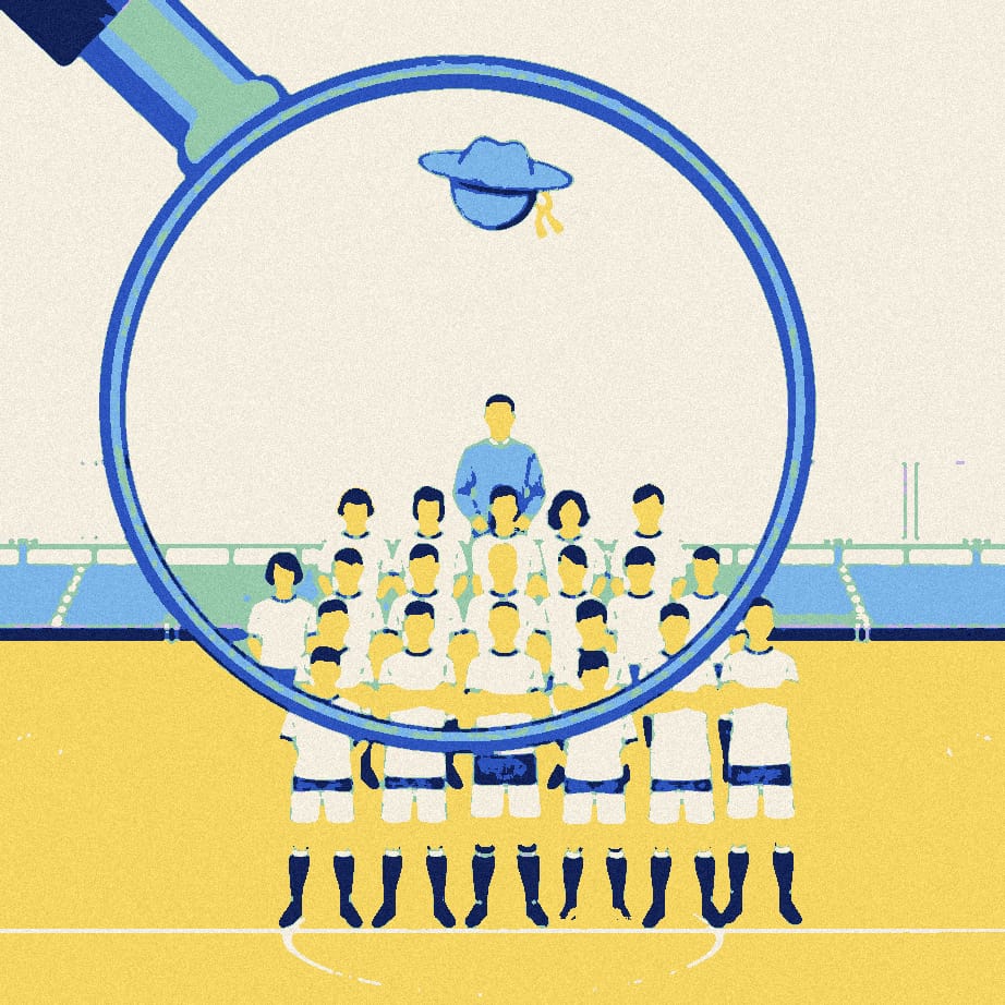 An oversized magnifying glass picks out one staff member in a team group photo on a pitch.