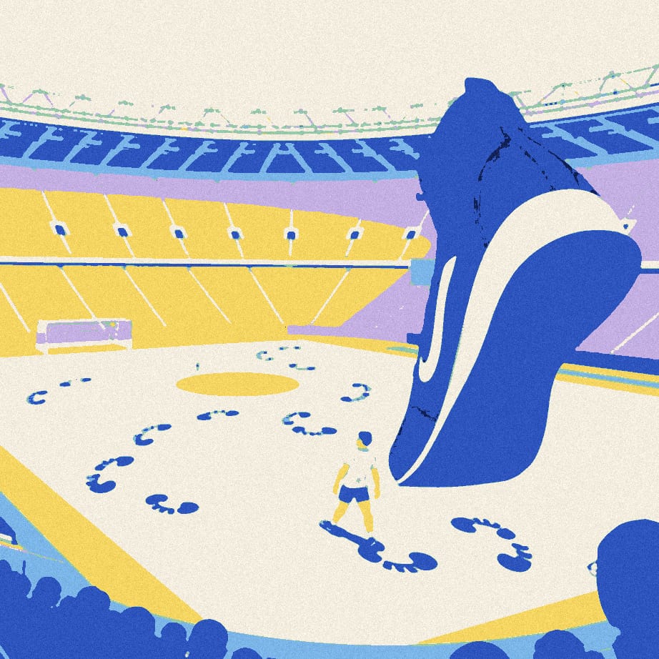 A tiny footballer in white retraces a long trail of footprints around a pitch beside a giant trainer.