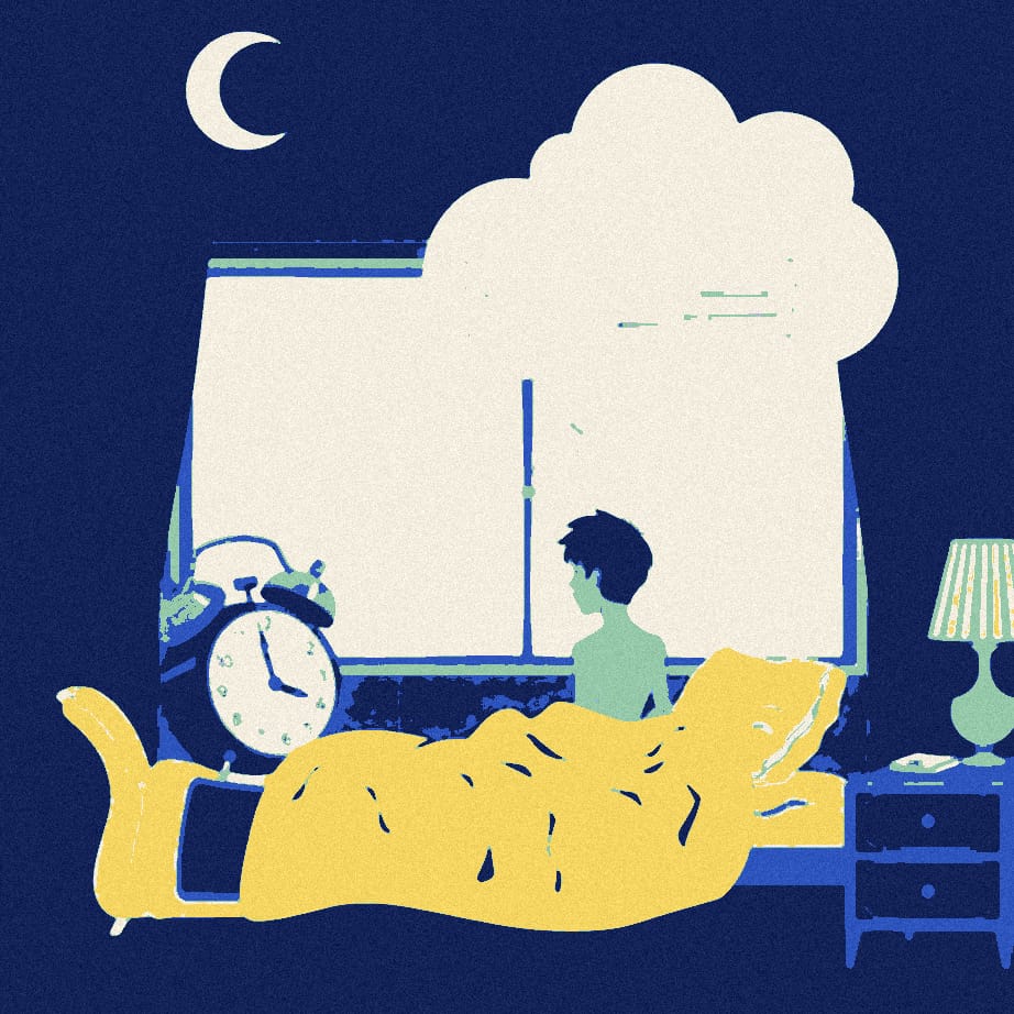 A small sleepless figure sits up in bed beneath three huge stacked blank sheets of paper and an oversized alarm clock.