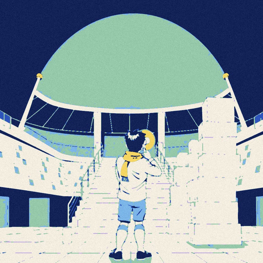 A small fan seen from behind shouts through a giant megaphone at vast stadium gates, next to a staircase of ten blank cubes.