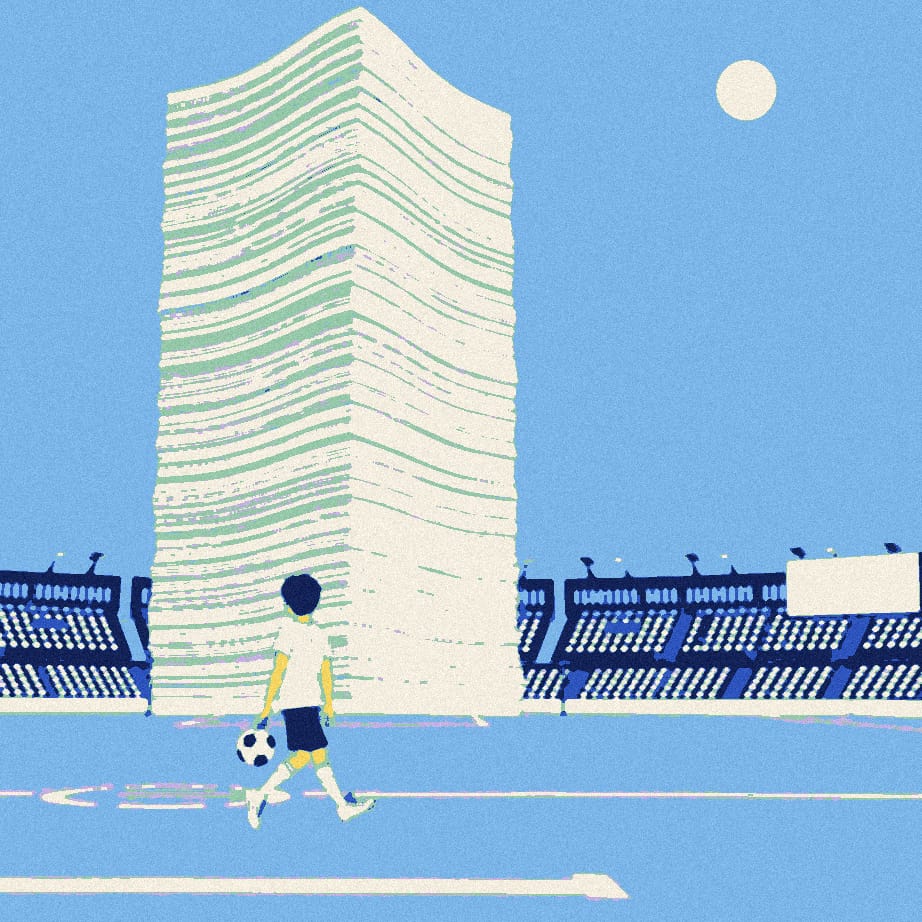 A tiny footballer in a white shirt dribbles past a towering stack of duplicated sheets and pairs of identical laptops in a floodlit stadium.