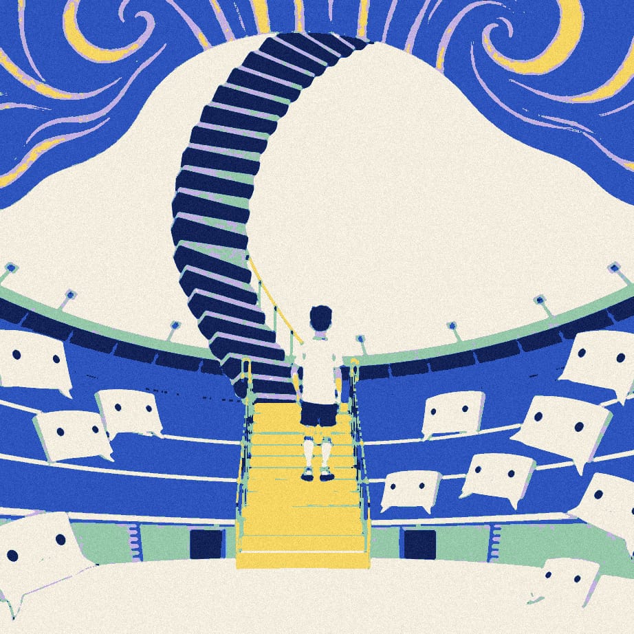 A tiny anonymous footballer in a white shirt stands at the base of a giant spiral staircase while a ring of rounded, blank-faced shapes leans in to look.