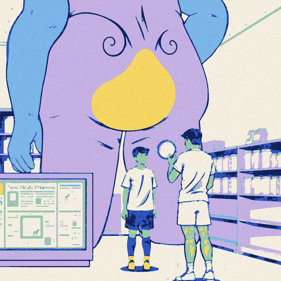 A tiny newsagent examines a giant glowing back with a magnifying glass over a shop counter while a footballer in white stands in the rain, seen from behind.