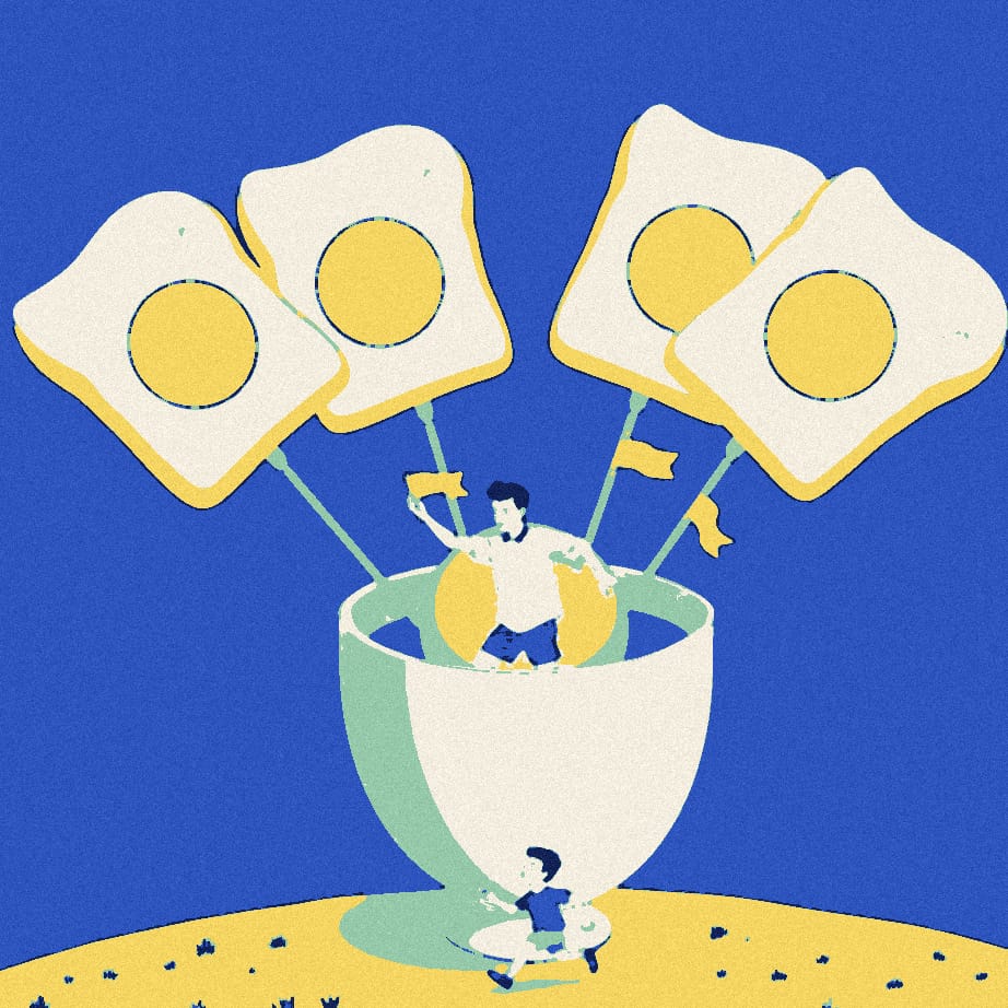 A breakfast table with an egg and four identical slices of toast, with a small anonymous young footballer in white jogging past in the background.