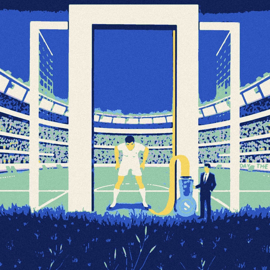 A very tall faceless striker ducks under a giant doorframe on a football pitch while two small office workers measure him with an oversized tape.