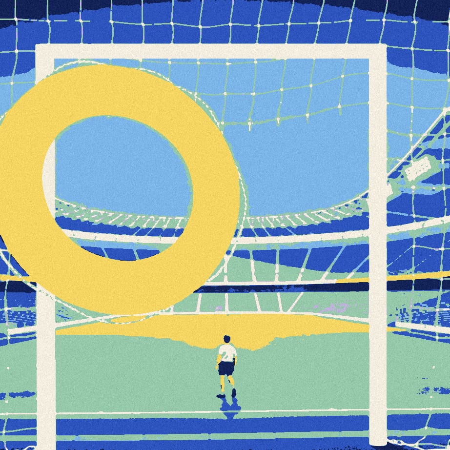 A big lifebuoy hangs on a goal net in front of an empty stadium, with a tiny distant player in white on the pitch.