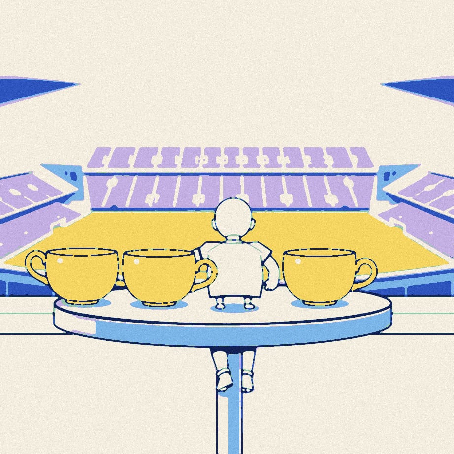 Five identical teacups line up on a table, each nearer to a small footballer seen from behind, while a scout in a flat cap leans in toward him.