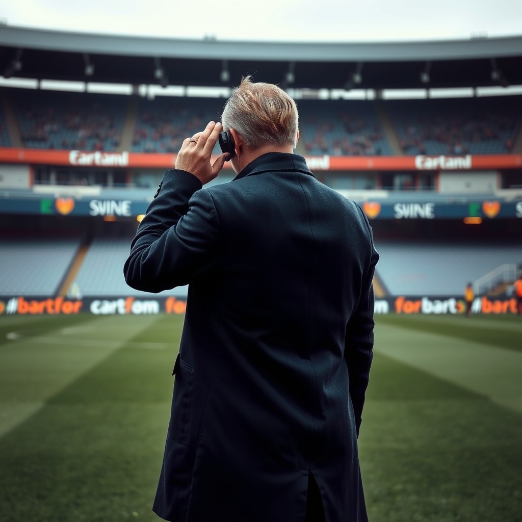 A pundit in a navy overcoat, seen from behind, touches his earpiece while standing pitchside in an empty stadium.