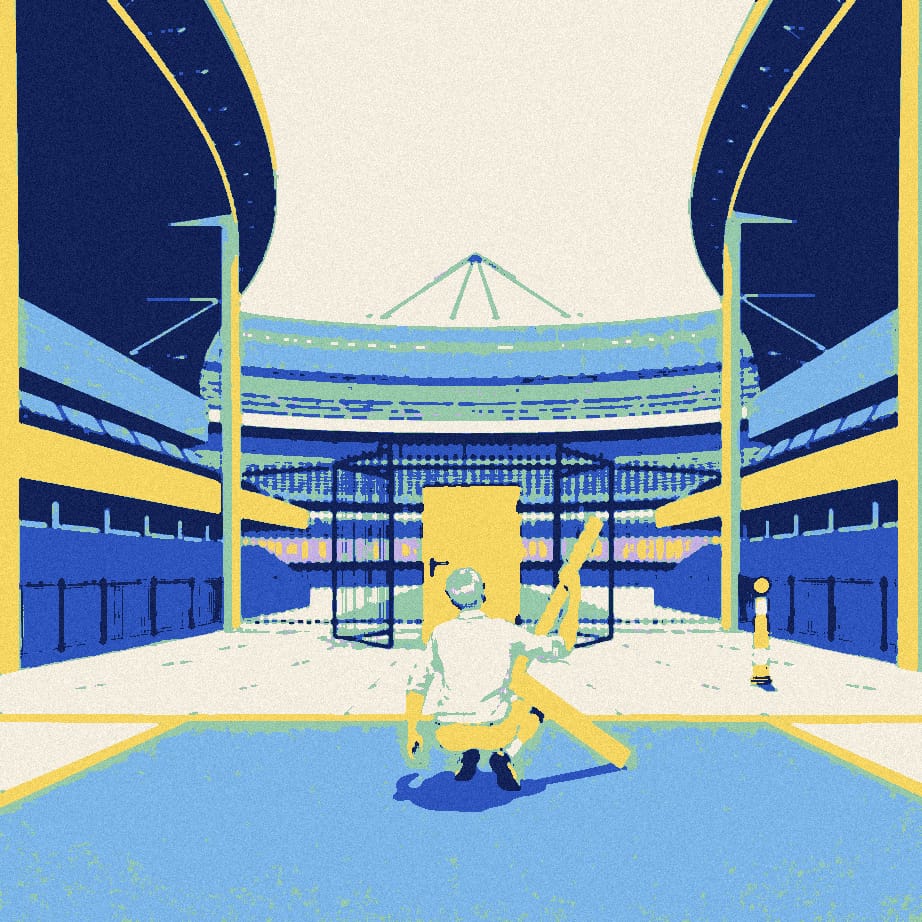 A man crouches at a narrow gap in a stadium gate, holding an oversized ruler against it on an empty forecourt