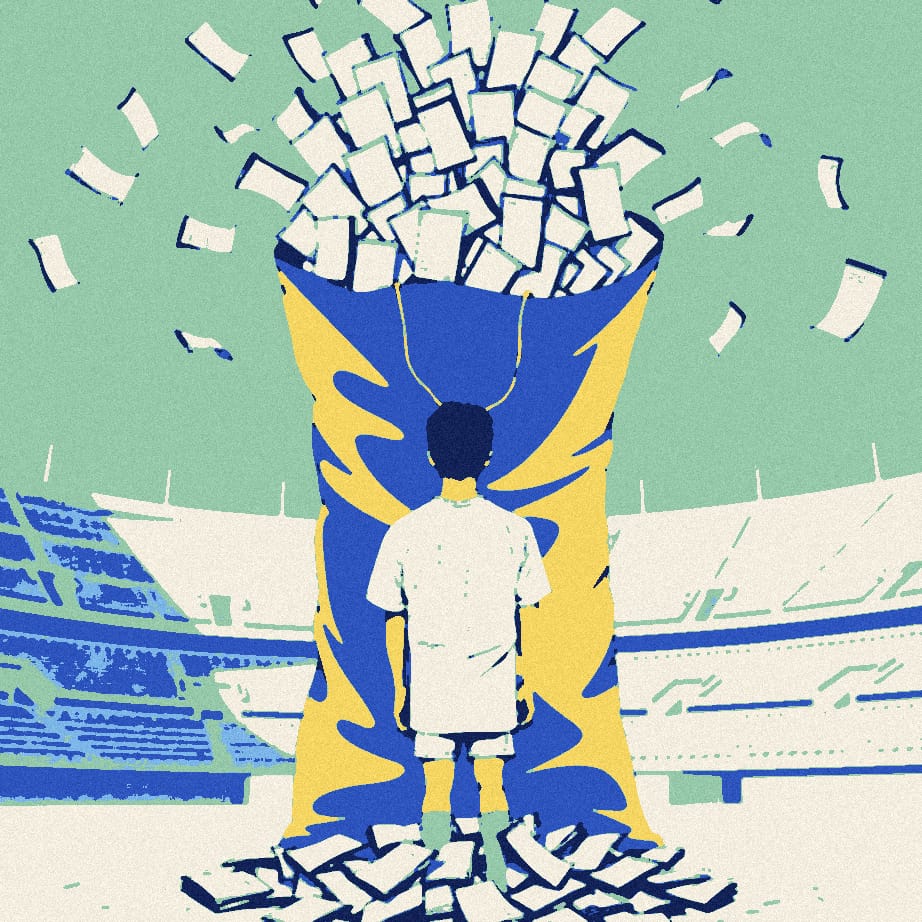 A tiny figure in a white football shirt, seen from behind, stands in a stadium forecourt beside a giant bag spilling blank leaflets into the air.