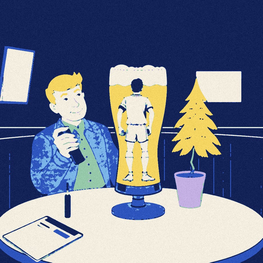 A tiny faceless footballer stands in the foam of a giant pint glass while an oversized magnifying glass inspects a small sapling on a pub table.
