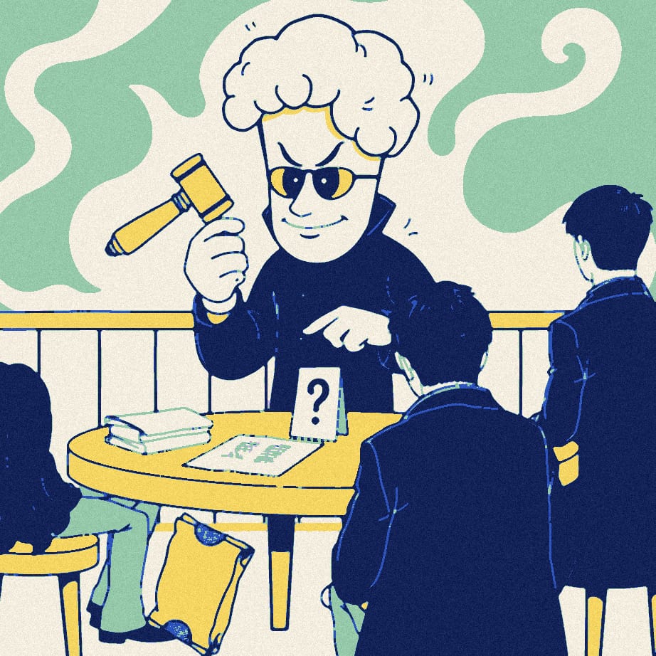 A giant pint glass in a judge's wig bangs a gavel over a mystery slip of paper on a pub table, with two crisp packets beside it and two figures seen from behind.