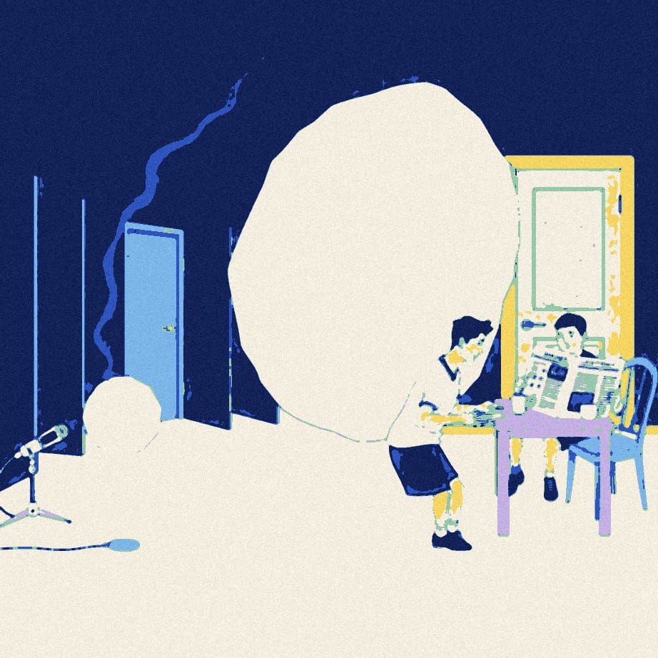 A snowball rolls from a microphone through nine doorways, growing huge before it reaches a supporter at his breakfast table.