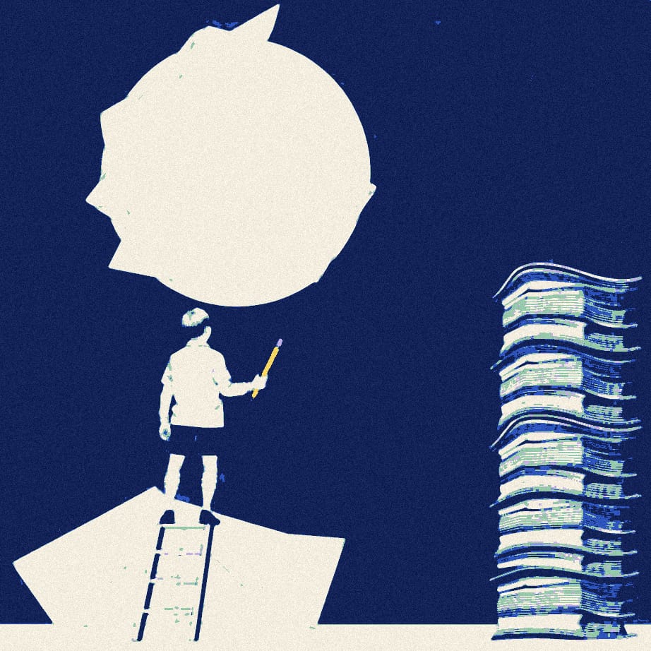 A tiny figure in a white shirt on a stepladder, holding an oversized stamp beside a stack of envelopes, in front of a huge blank emblem peeling off a dark wall.